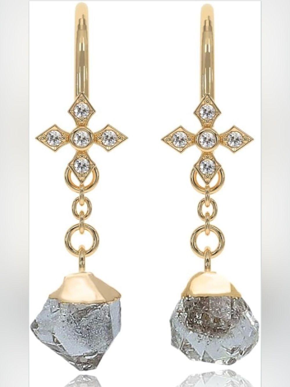 Gold Cross Crystal Drop Earrings with Gray Raw Stone